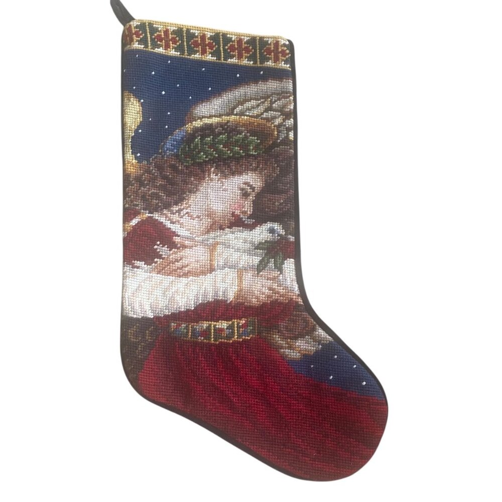 Hand-Stitched Needlepoint‎ Christmas Angel with Dove Stocking Navy Velvet